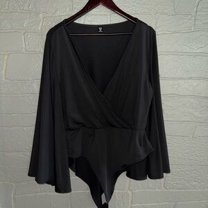 Flowy Sleeved Black Wrap Bodysuit